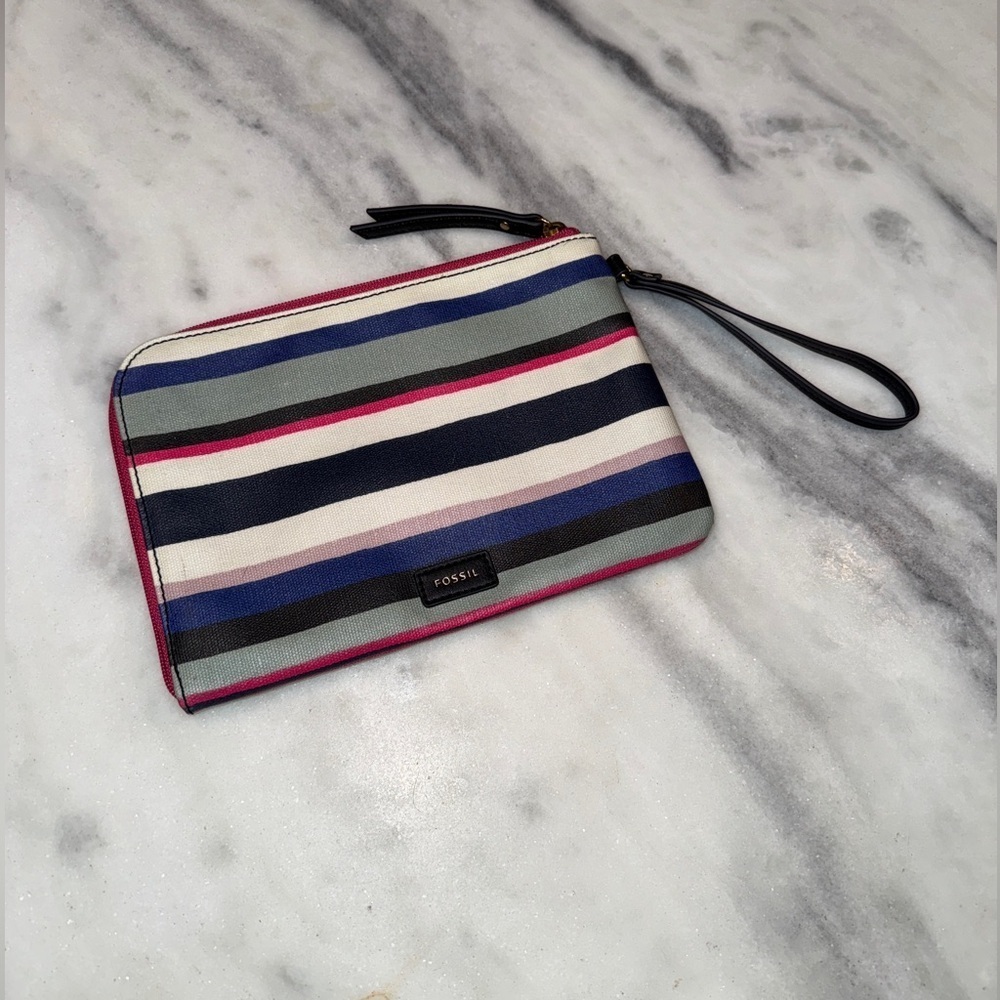Fossil Zippered Clutch Bag Coated Canvas w/ Stripes Grey Pink Blue and Black